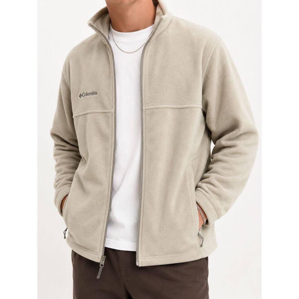 Columbia Men's Full Zip Fleece Jacket Medium Beige Tan Outdoor Hiking Casual